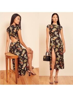 Reformation Floral Cutout Gavin Midi Dress with Front Slit - Black